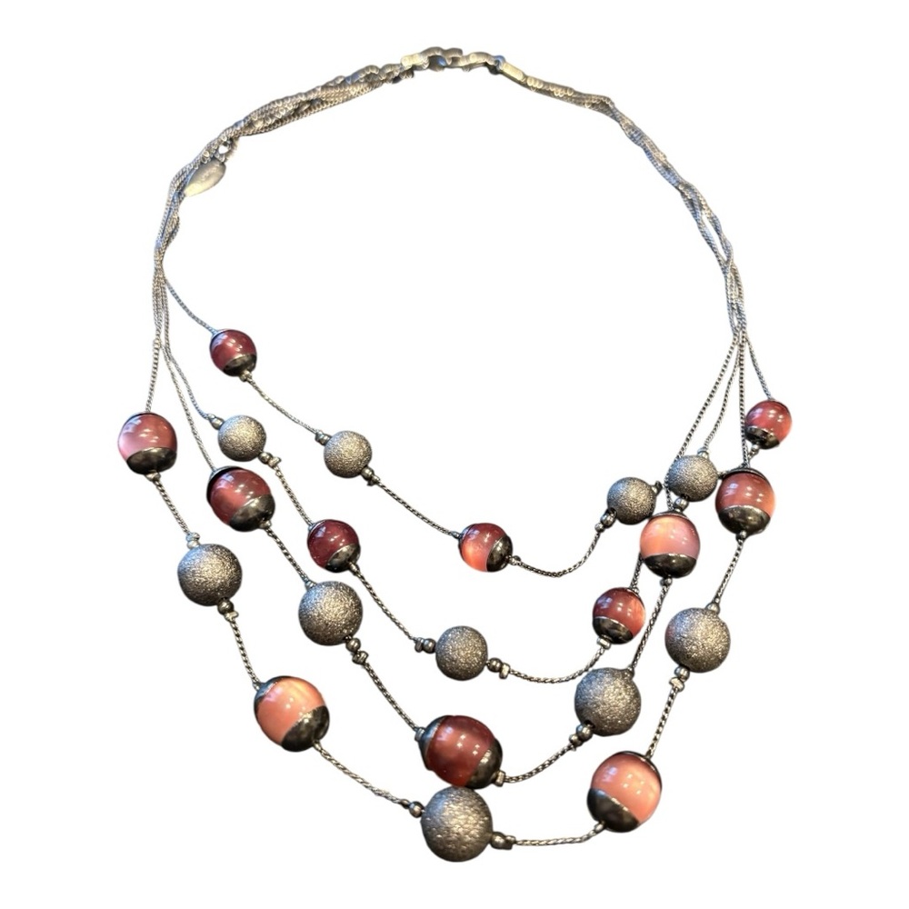 Coldwater Creek Multistrand Necklace Silver Glitter Beads & Coral Lucite JB8